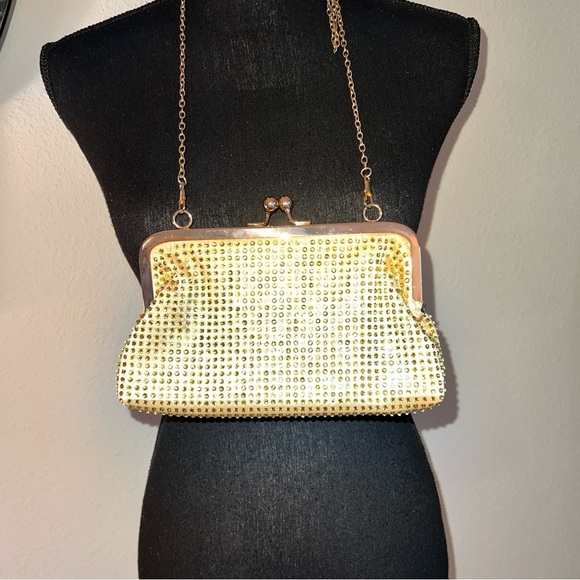 Gold Rhinestone Kiss Closure Bag Purse Shoulder Evening Bag Gold Tone Hardware - Picture 3 of 16